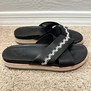 MERRELL | Black Leather Juno Crisscross Embroidered Slide Sandals | Womens 10