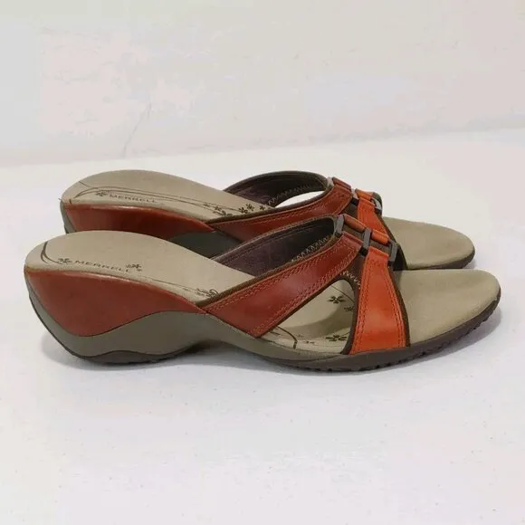Merrell Dewberry Brown Leather Open Toe Slip On Sandals Women’s Fits Like 8.5