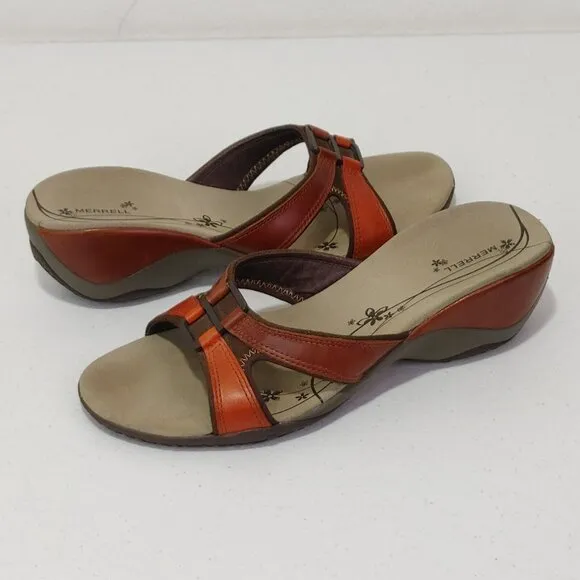 Merrell Dewberry Brown Leather Open Toe Slip On Sandals Women’s Fits Like 8.5