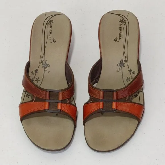 Merrell Dewberry Brown Leather Open Toe Slip On Sandals Women’s Fits Like 8.5