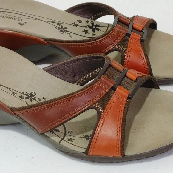 Merrell Dewberry Brown Leather Open Toe Slip On Sandals Women’s Fits Like 8.5
