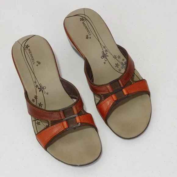 Merrell Dewberry Brown Leather Open Toe Slip On Sandals Women’s Fits Like 8.5