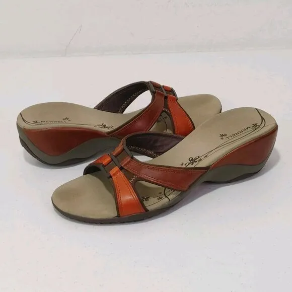 Merrell Dewberry Brown Leather Open Toe Slip On Sandals Women’s Fits Like 8.5