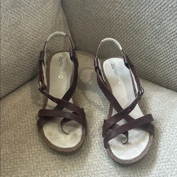 Merrell Leather Burgundy Wedge Sandals