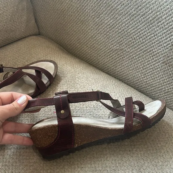 Merrell Leather Burgundy Wedge Sandals