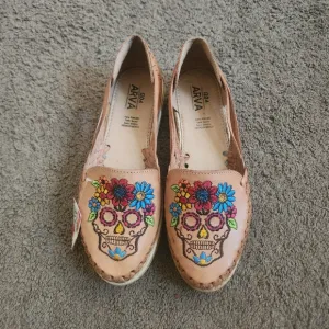 Mexican Sandals Skull Embroidered leather wedge slip on size 9 US new huaraches