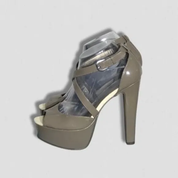 Michael Antonio 5-inch Heels Faux Patent Leather Crossover Straps Taupe 7.5 NWO