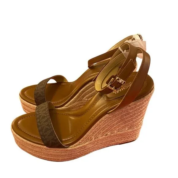 Michael by Michael Kors Leighton Brown Leather Wedge Sandals in Ladies Size 9.5M