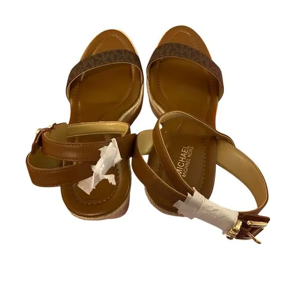 Michael by Michael Kors Leighton Brown Leather Wedge Sandals in Ladies Size 9.5M