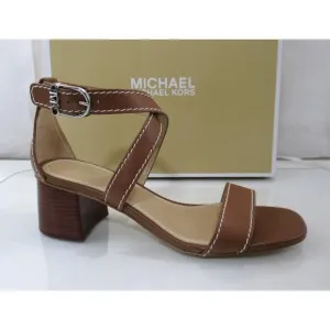 Michael Kors Ashton Mid Crisscross Stacked Block Sandal Leather Luggage Size 9.5