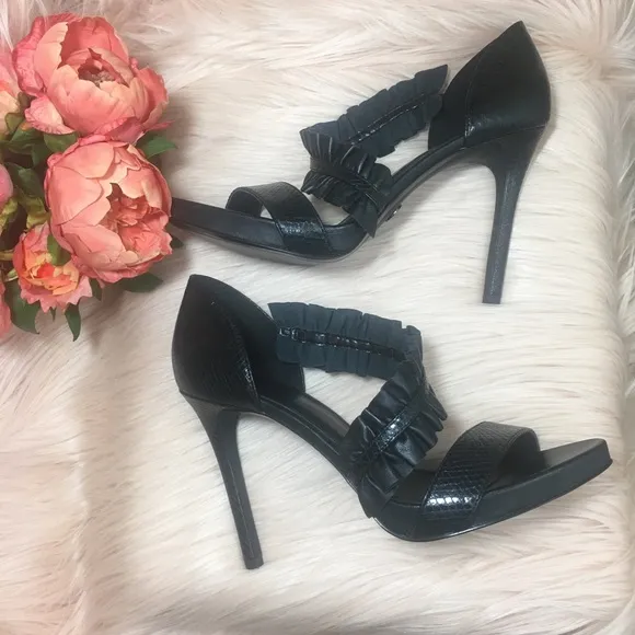 MICHAEL KORS BELLA OPEN TOE SLIP ON RUFFLE TRIM HEELED SANDALS, BLACK, S…