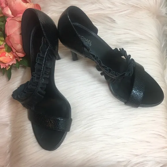 MICHAEL KORS BELLA OPEN TOE SLIP ON RUFFLE TRIM HEELED SANDALS, BLACK, S…