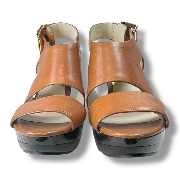 Michael Kors Carla Tab Platform Heeled Sandals, Taupe Leather, Slingback, Size 7