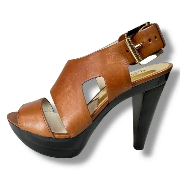 Michael Kors Carla Tab Platform Heeled Sandals, Taupe Leather, Slingback, Size 7
