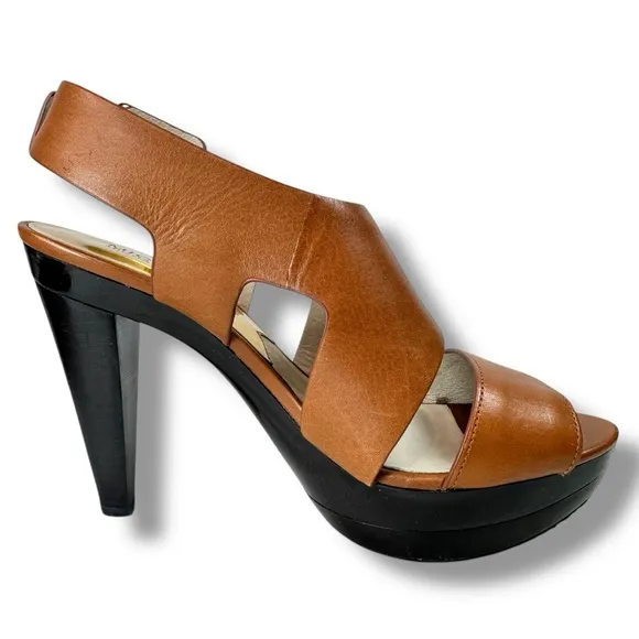 Michael Kors Carla Tab Platform Heeled Sandals, Taupe Leather, Slingback, Size 7