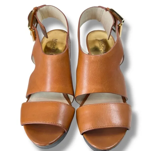 Michael Kors Carla Tab Platform Heeled Sandals, Taupe Leather, Slingback, Size 7