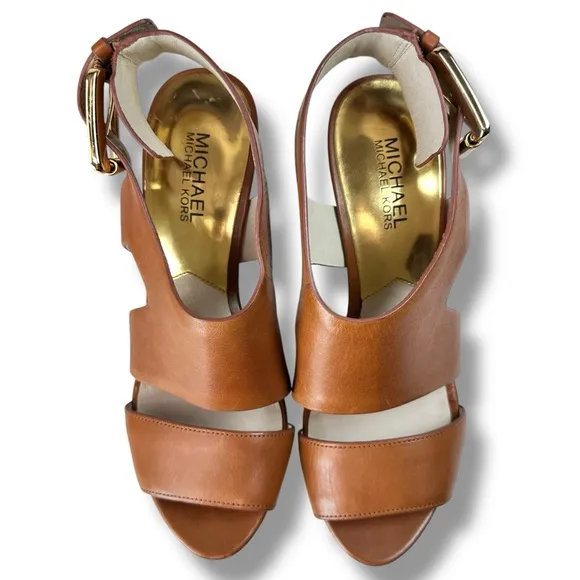 Michael Kors Carla Tab Platform Heeled Sandals, Taupe Leather, Slingback, Size 7