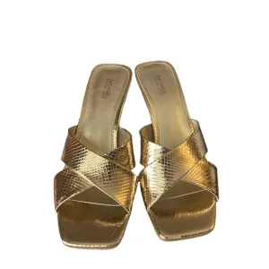 Michael Kors Clara Mule Square toe Sandals Gold snake skin leather kitten heel