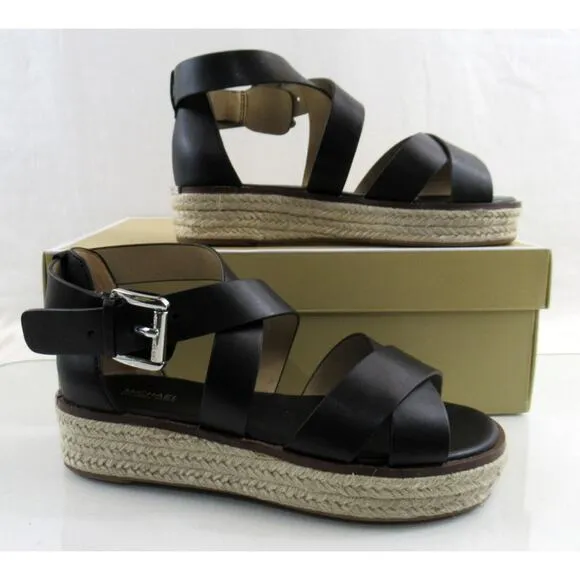 Michael Kors Darby Crisscross Platform Espadrille Sandals Black Leather Size 7