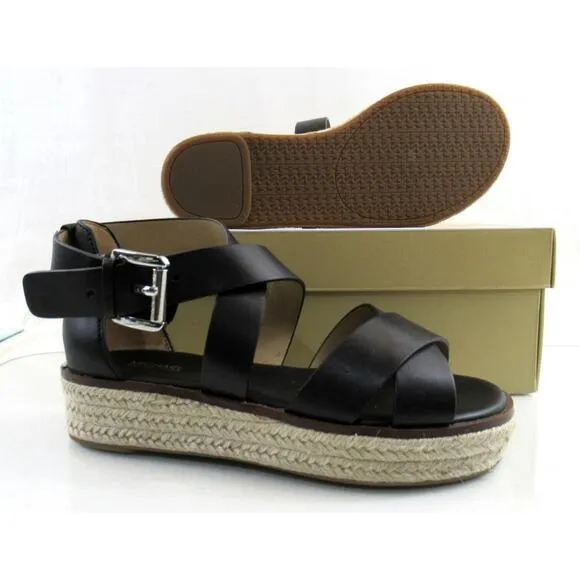 Michael Kors Darby Crisscross Platform Espadrille Sandals Black Leather Size 7