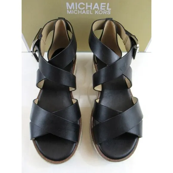 Michael Kors Darby Crisscross Platform Espadrille Sandals Black Leather Size 7