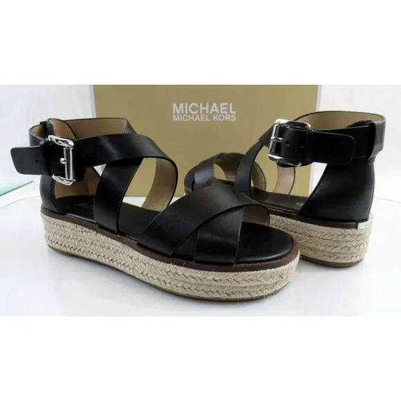 Michael Kors Darby Crisscross Platform Espadrille Sandals Black Leather Size 7