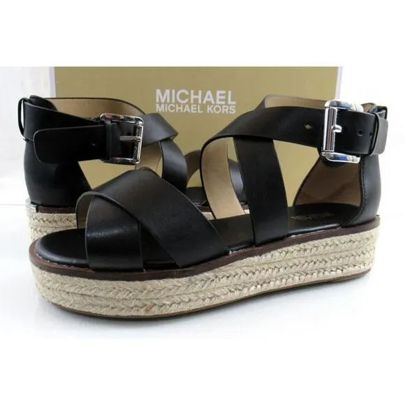 Michael Kors Darby Crisscross Platform Espadrille Sandals Black Leather Size 7