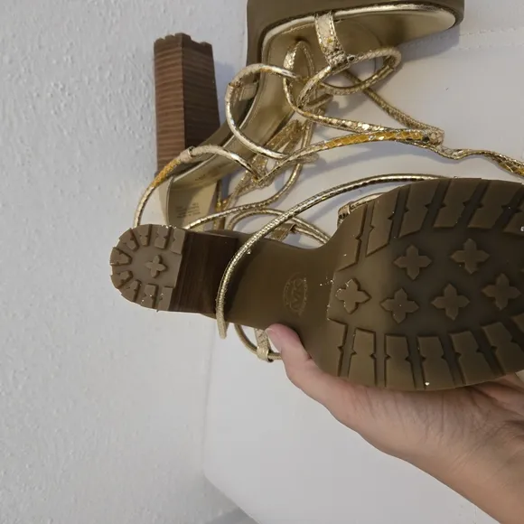 Michael Kors Gold Heeled Sandals with Strappy Design