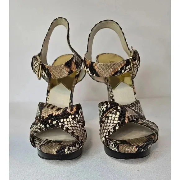 Michael Kors JET SET 6 Odessa 7.5 M Leather Snake Print Buckle HEELS Sandals