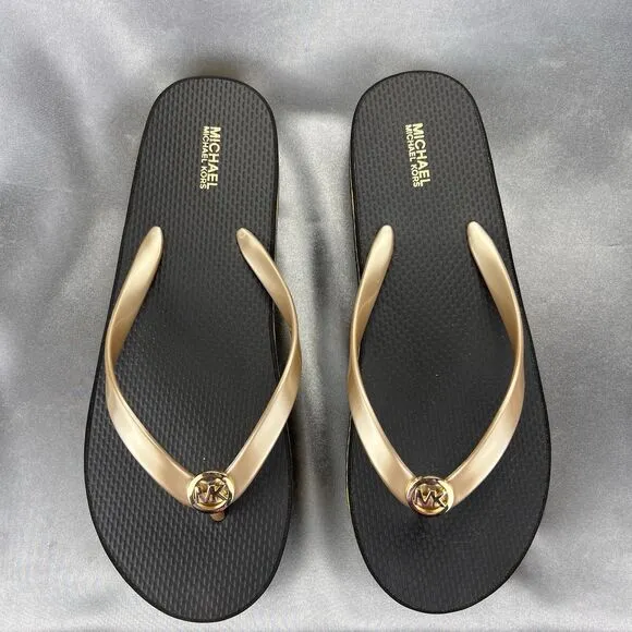 Michael Kors Logo Flip Flops Womens 10 Fashion Sandals Black/Gold RX24D MK Shoes