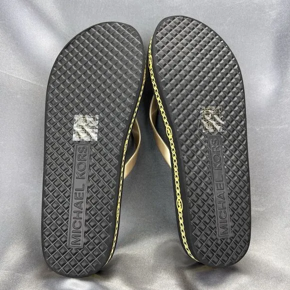 Michael Kors Logo Flip Flops Womens 10 Fashion Sandals Black/Gold RX24D MK Shoes