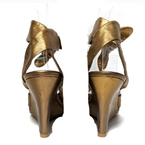 MICHAEL KORS Metallic Bronzy Gold Crisscross Ankle Wrap Wedge NWOT