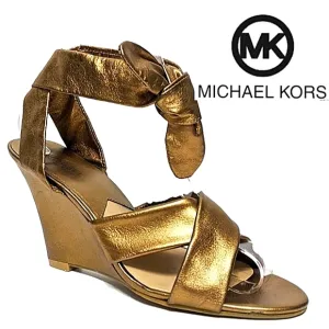 MICHAEL KORS Metallic Bronzy Gold Crisscross Ankle Wrap Wedge NWOT