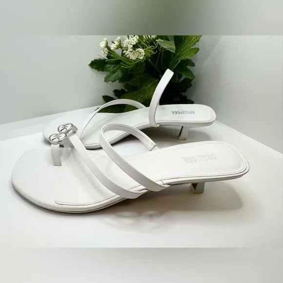 Michael Kors Mid Letty White Leather Straps Thong SandalsKitten Heel Mules Pump