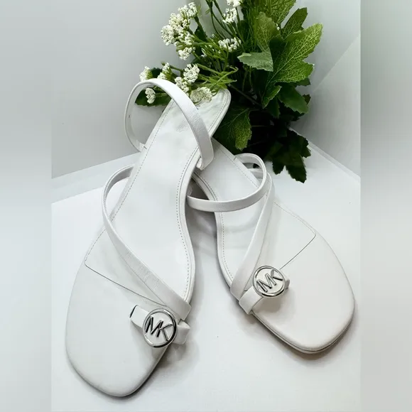 Michael Kors Mid Letty White Leather Straps Thong SandalsKitten Heel Mules Pump