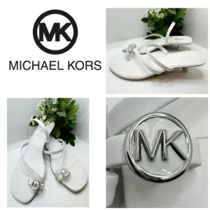 Michael Kors Mid Letty White Leather Straps Thong SandalsKitten Heel Mules Pump