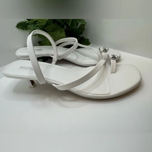 Michael Kors Mid Letty White Leather Straps Thong SandalsKitten Heel Mules Pump