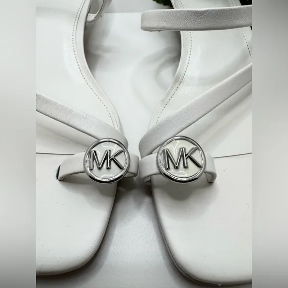 Michael Kors Mid Letty White Leather Straps Thong SandalsKitten Heel Mules Pump