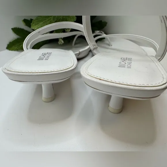Michael Kors Mid Letty White Leather Straps Thong SandalsKitten Heel Mules Pump