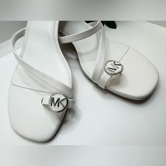 Michael Kors Mid Letty White Leather Straps Thong SandalsKitten Heel Mules Pump