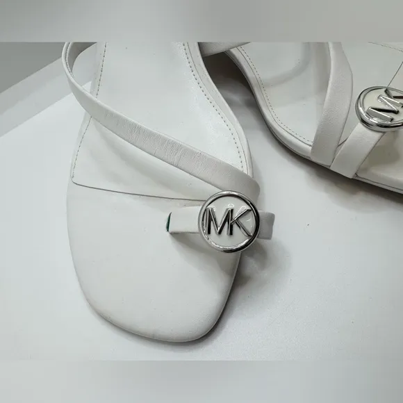 Michael Kors Mid Letty White Leather Straps Thong SandalsKitten Heel Mules Pump