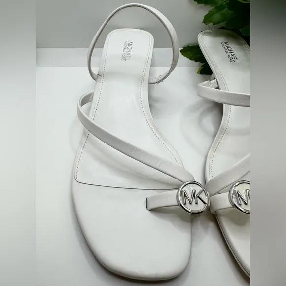 Michael Kors Mid Letty White Leather Straps Thong SandalsKitten Heel Mules Pump