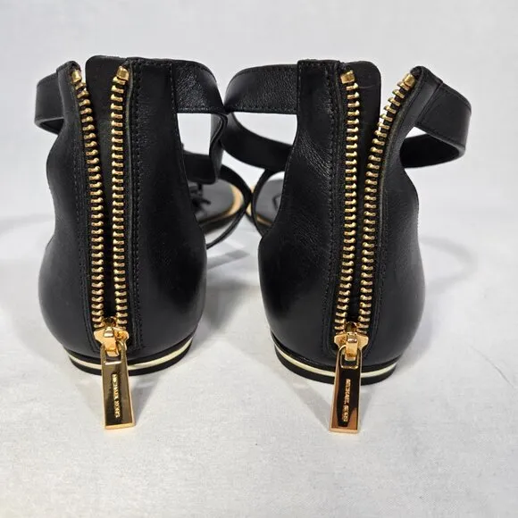 MICHAEL KORS Winslow BLACK Leather Gold-Lock- Fringe GLATIATOR Sandals Size 10M.