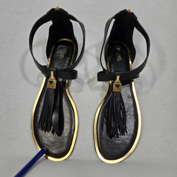 MICHAEL KORS Winslow BLACK Leather Gold-Lock- Fringe GLATIATOR Sandals Size 10M.