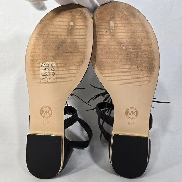 MICHAEL KORS Winslow BLACK Leather Gold-Lock- Fringe GLATIATOR Sandals Size 10M.
