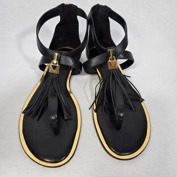 MICHAEL KORS Winslow BLACK Leather Gold-Lock- Fringe GLATIATOR Sandals Size 10M.