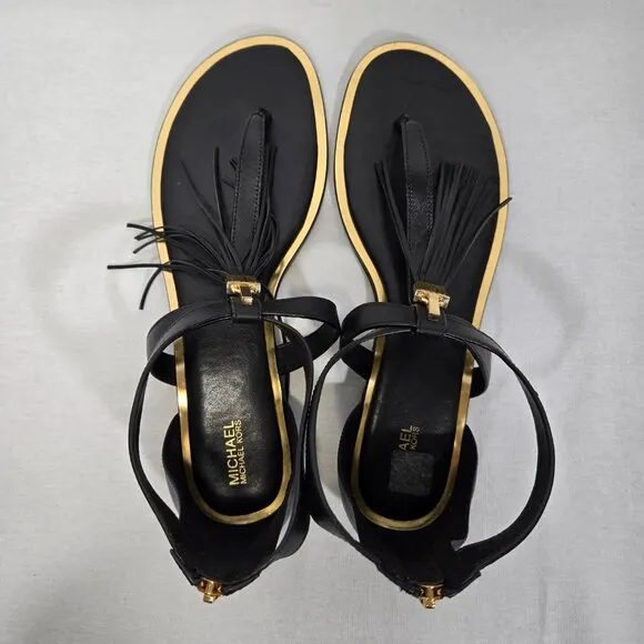 MICHAEL KORS Winslow BLACK Leather Gold-Lock- Fringe GLATIATOR Sandals Size 10M.