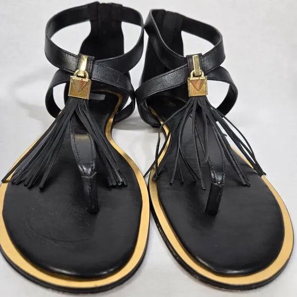 MICHAEL KORS Winslow BLACK Leather Gold-Lock- Fringe GLATIATOR Sandals Size 10M.