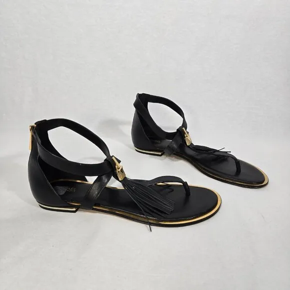 MICHAEL KORS Winslow BLACK Leather Gold-Lock- Fringe GLATIATOR Sandals Size 10M.