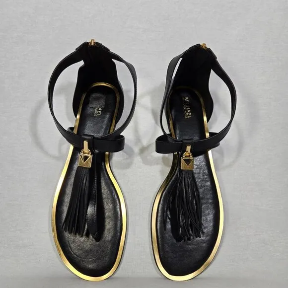 MICHAEL KORS Winslow BLACK Leather Gold-Lock- Fringe GLATIATOR Sandals Size 10M.